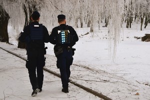 Dwóch policjantów idzie alejką parkową, wzdłuż linii brzegowej stawu.